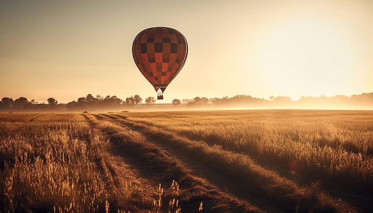 Photo gratuit voler en montgolfière au-dessus d'une prairie tranquille générée par l'ia