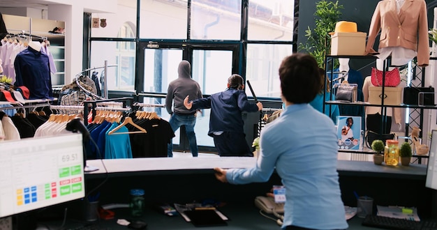 Photo gratuite voleur afro-américain volant des vêtements à la mode, courant du centre commercial. un garde du corps asiatique attrape un voleur à la porte du magasin, le menace avec la police dans une boutique moderne. notion de cambriolage