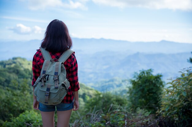 Les voyageurs, les jeunes femmes, regardent les montagnes et les forêts étonnantes, des idées de voyage