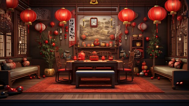 Vue 3D de l'arrangement de la table de réunion du Nouvel An chinois