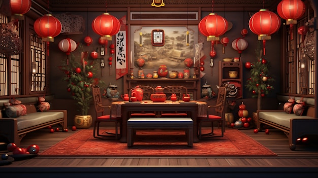 Vue 3D de l'arrangement de la table de réunion du Nouvel An chinois