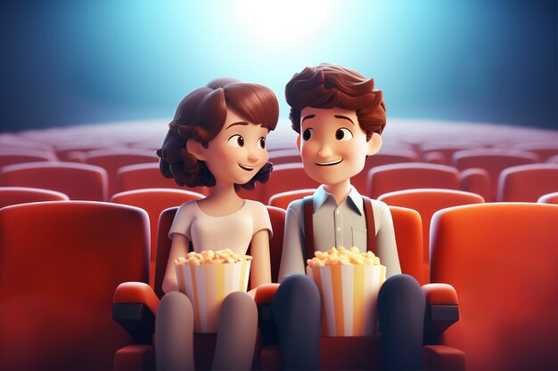 Vue 3D d'un couple au cinéma regardant un film