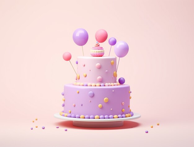 Vue 3D d'un délicieux gâteau avec des ballons