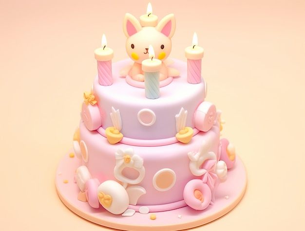 Photo gratuite vue 3d d'un délicieux gâteau avec des bougies et un chat