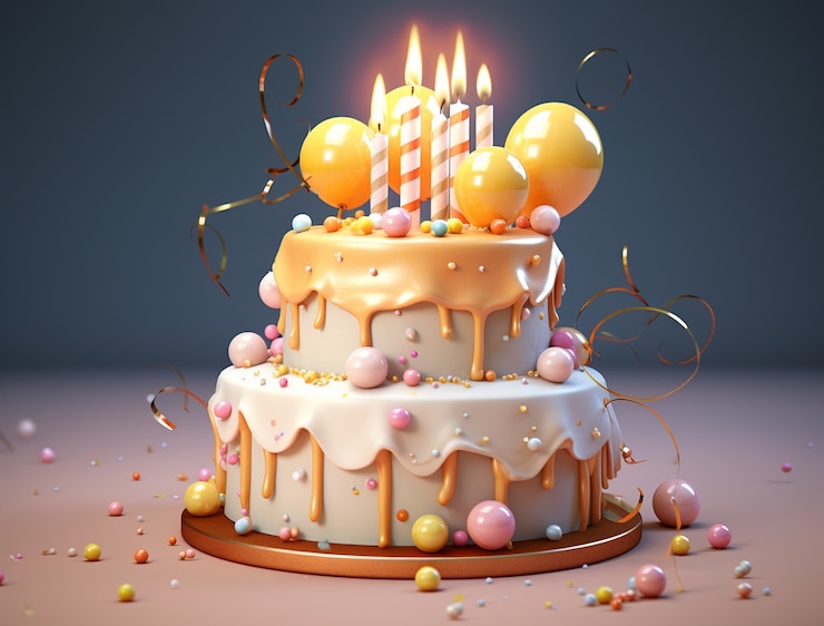 Photo gratuit vue 3d d'un délicieux gâteau avec des bougies et des confettis