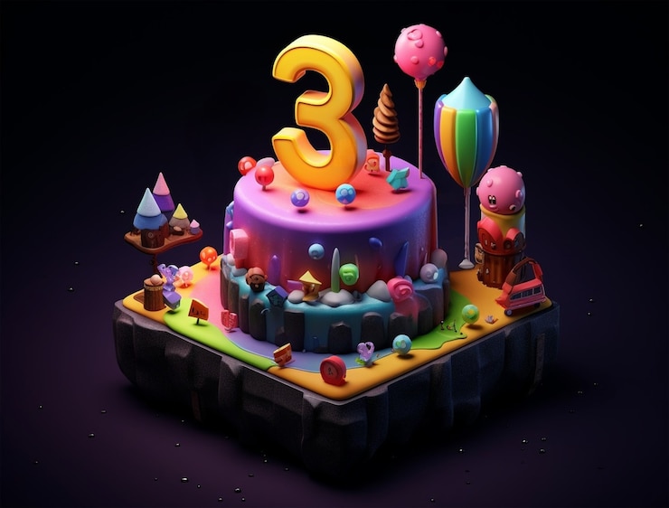 Photo gratuit vue 3d d'un délicieux gâteau avec le monde des fées et le numéro 3