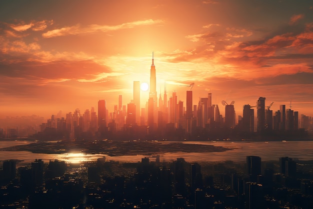 Vue 3D du soleil sur le ciel avec horizon de la ville