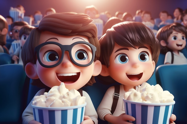 Vue 3D d'enfants regardant un film au cinéma