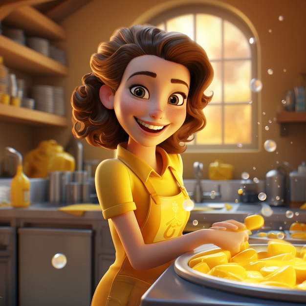 vue, de, 3d, femme, dans cuisine