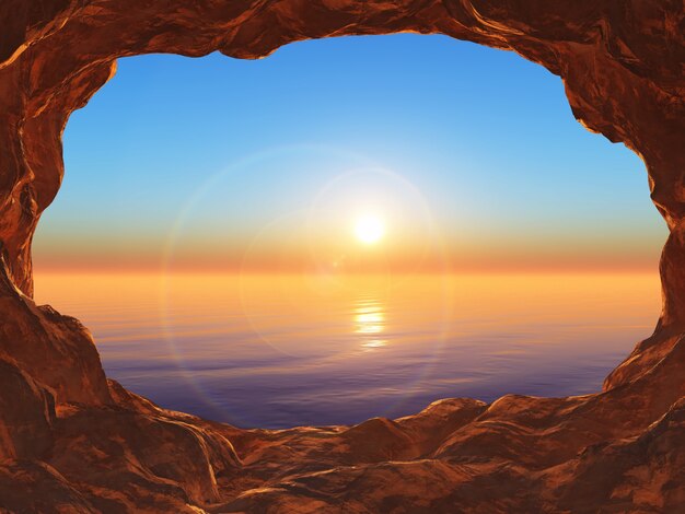 Vue 3D d&#39;une grotte donnant sur un coucher de soleil sur l&#39;océan