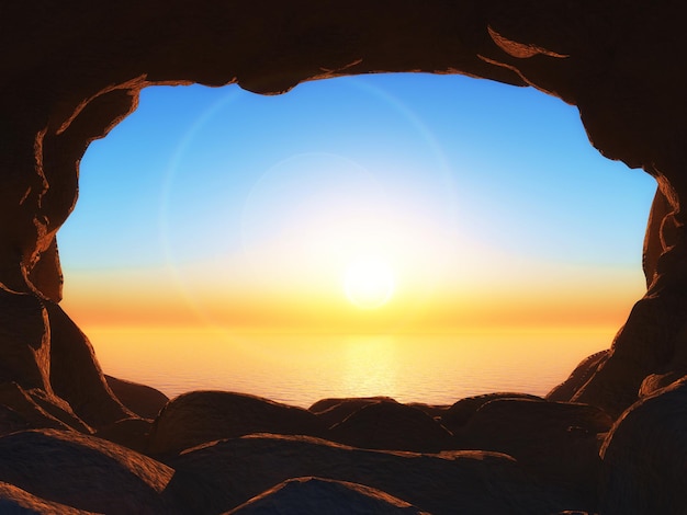 Photo gratuite vue 3d d'une grotte à un paysage océanique au coucher du soleil