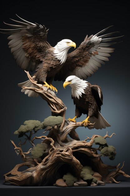 Vue 3D d'une paire d'aigles sur des branches d'arbres