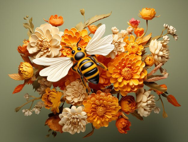 Vue d'abeille 3D avec des fleurs