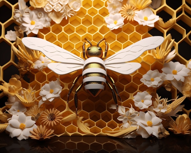 Vue d'abeille 3D avec des fleurs