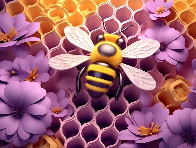 Vue d'abeille 3D avec des fleurs