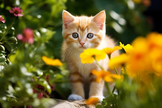 Vue d'un adorable chaton avec des fleurs
