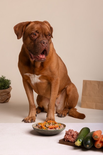 Photo gratuite vue d'un adorable chien avec un bol de nourriture