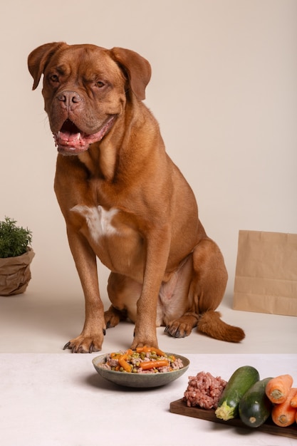 Vue d'un adorable chien avec un bol de nourriture