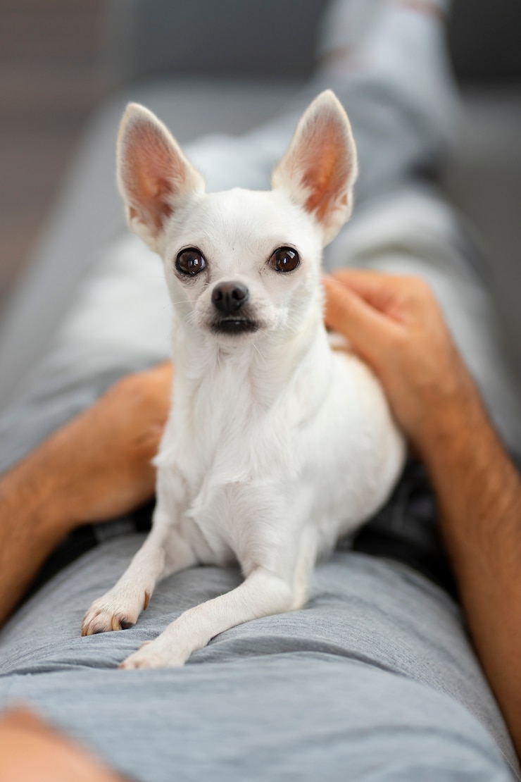 Photo gratuit vue de l'adorable chien chihuahua passant du temps avec le propriétaire masculin à la maison