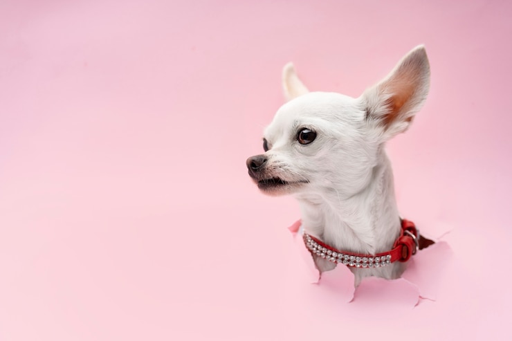 Photo gratuit vue de l'adorable chien chihuahua sortant du papier déchiré