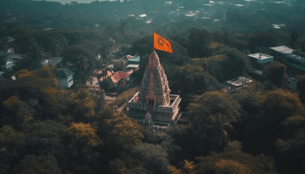 Vue aérienne de l'ancienne pagode au crépuscule générée par l'IA