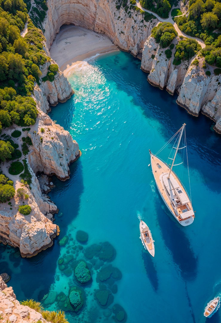 Photo gratuit vue aérienne d'une belle crique avec de l'eau turquoise et des bateaux