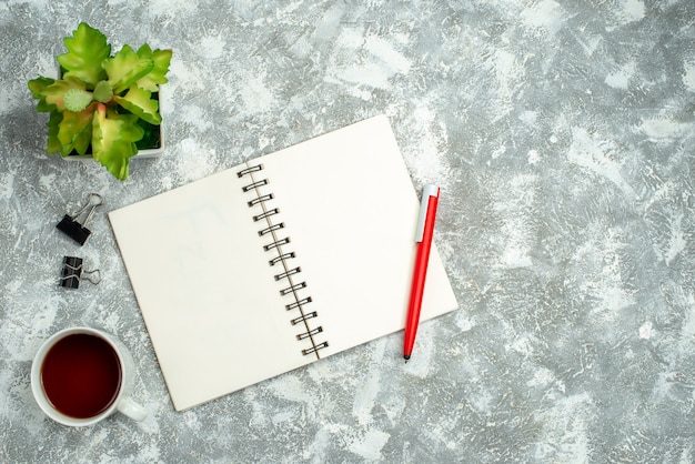 Vue aérienne d'un cahier à spirale ouvert avec un stylo et une tasse de pot de fleur de thé sur fond gris