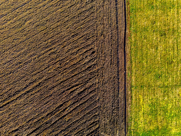 Vue aérienne de dessus des terres agricoles cultivées et de la prairie verte en journée de printemps ensoleillée