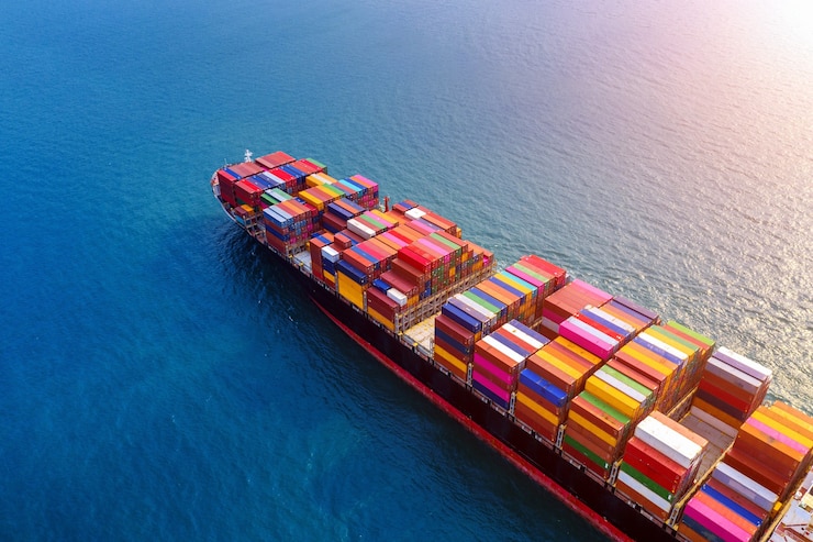 Photo gratuit vue aérienne du cargo porte-conteneurs en mer.
