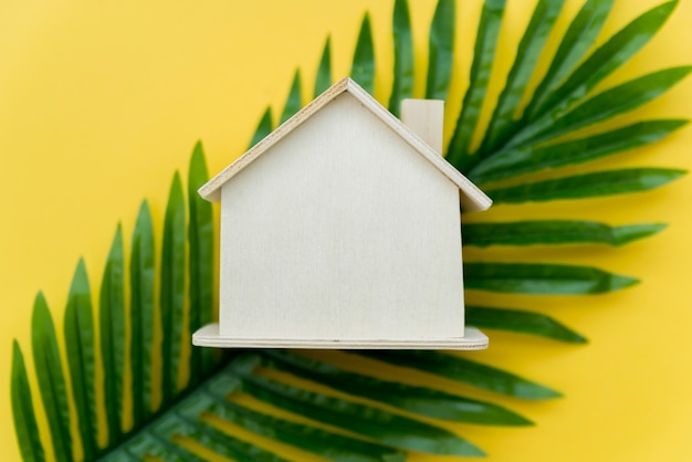 Vue aérienne, de, maison bois, sur, les, feuilles vertes, sur, fond jaune