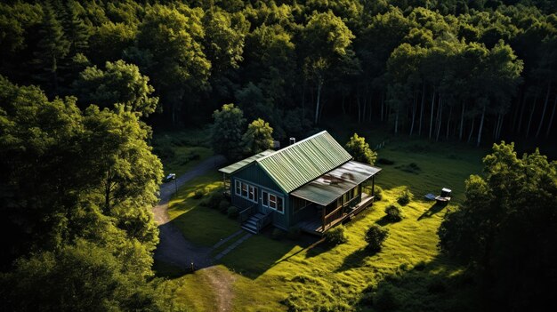 Vue aérienne d'une petite cabane forestière