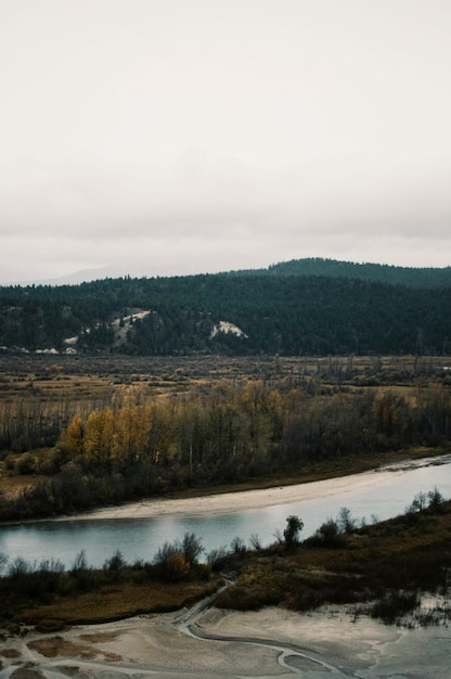 Vue aérienne de la vallée brune près de la rivière sous le ciel gris