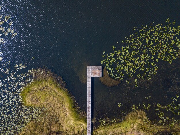 Vue aérienne d'une voie en bois au-dessus de l'eau près d'un rivage herbeux