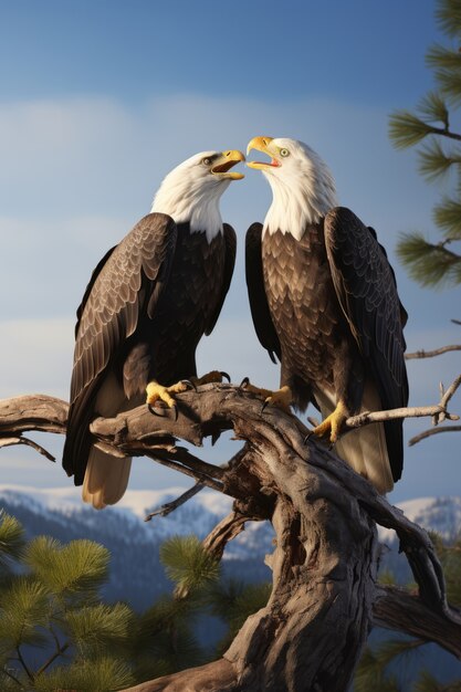 Vue d'aigles 3D sur une branche d'arbre