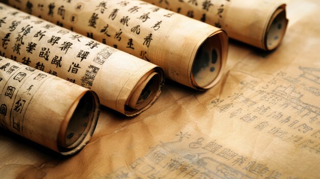 Vue d'un ancien rouleau de papier pour l'écriture et la documentation