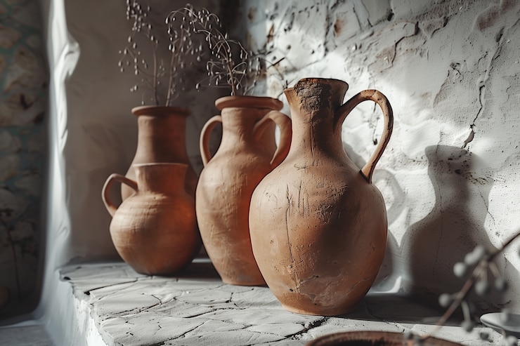 Photo gratuit vue des anciens vases de poterie et de la terre cuite