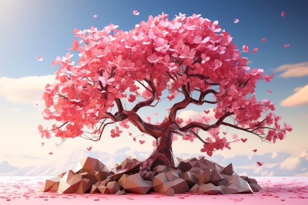 Photo gratuite vue d'un arbre 3d avec de belles feuilles roses et fond de ciel