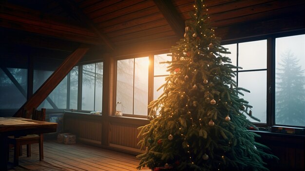 Vue de l'arbre de Noël joliment décoré dans la cabine