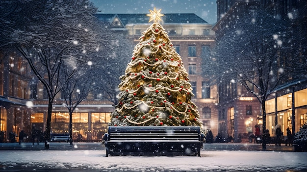 Vue de l'arbre de Noël joliment décoré à l'extérieur