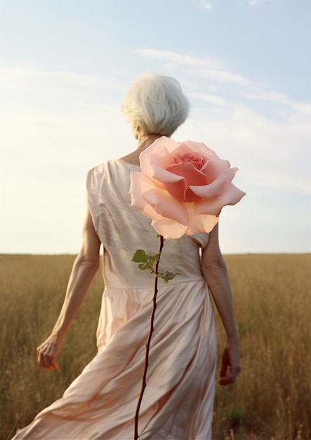 Vue arrière femme âgée posant avec rose