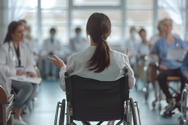 Photo gratuite vue arrière femme en fauteuil roulant au travail