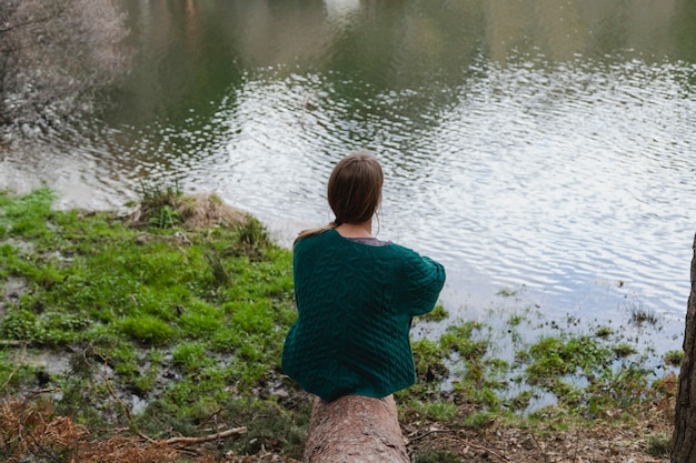 Vue arrière de la femme regardant le lac