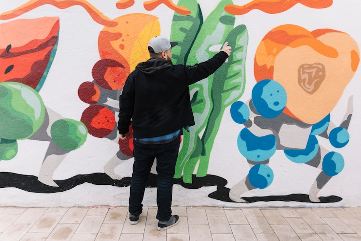 Photo gratuit vue arrière, de, a, homme, faire, graffiti, à, bombe aérosol, sur, mur