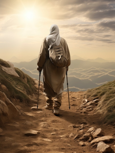 Vue arrière homme islamique en randonnée
