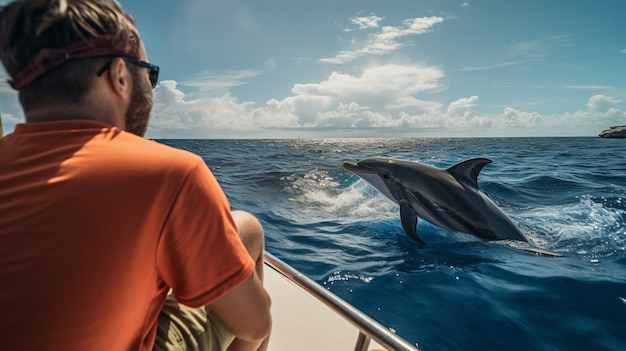 Photo gratuite vue arrière, homme, regarder, nager, dauphins