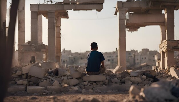 Photo gratuite vue arrière d'un jeune homme assis sur les ruines d'un vieux bâtiment