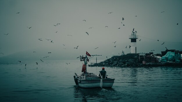 Vue arrière majestueuse d'un pêcheur dans un bateau naviguant ayant une scène de nature étonnante