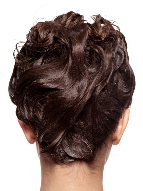 Vue arrière de la tête de femme avec les cheveux mouillés - isolé sur un mur blanc