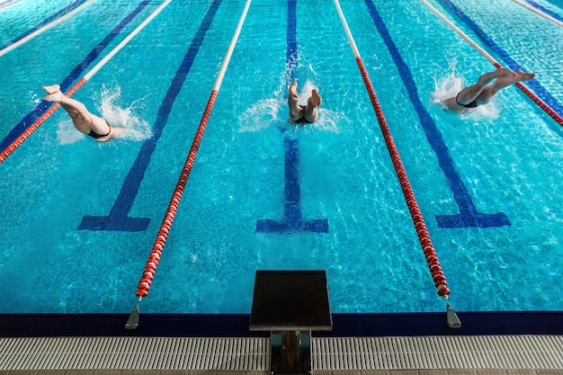 Vue arrière de trois nageurs masculins plongeant dans une piscine