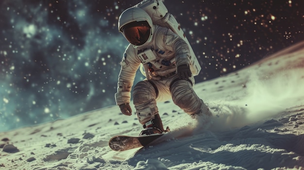 Vue d'un astronaute en combinaison spatiale faisant du snowboard sur la lune